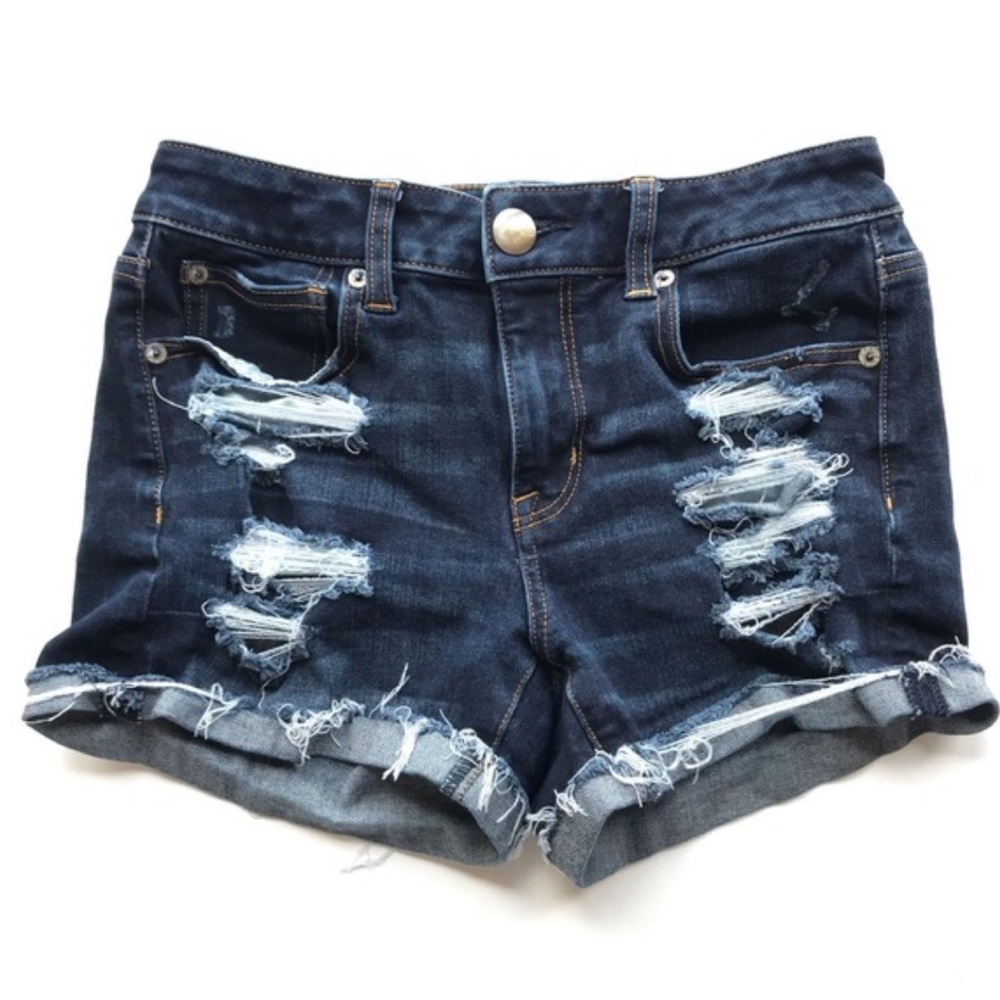American Eagle jean shorts, dark wash blue, US size 4, hi-rise shortie, stretchy